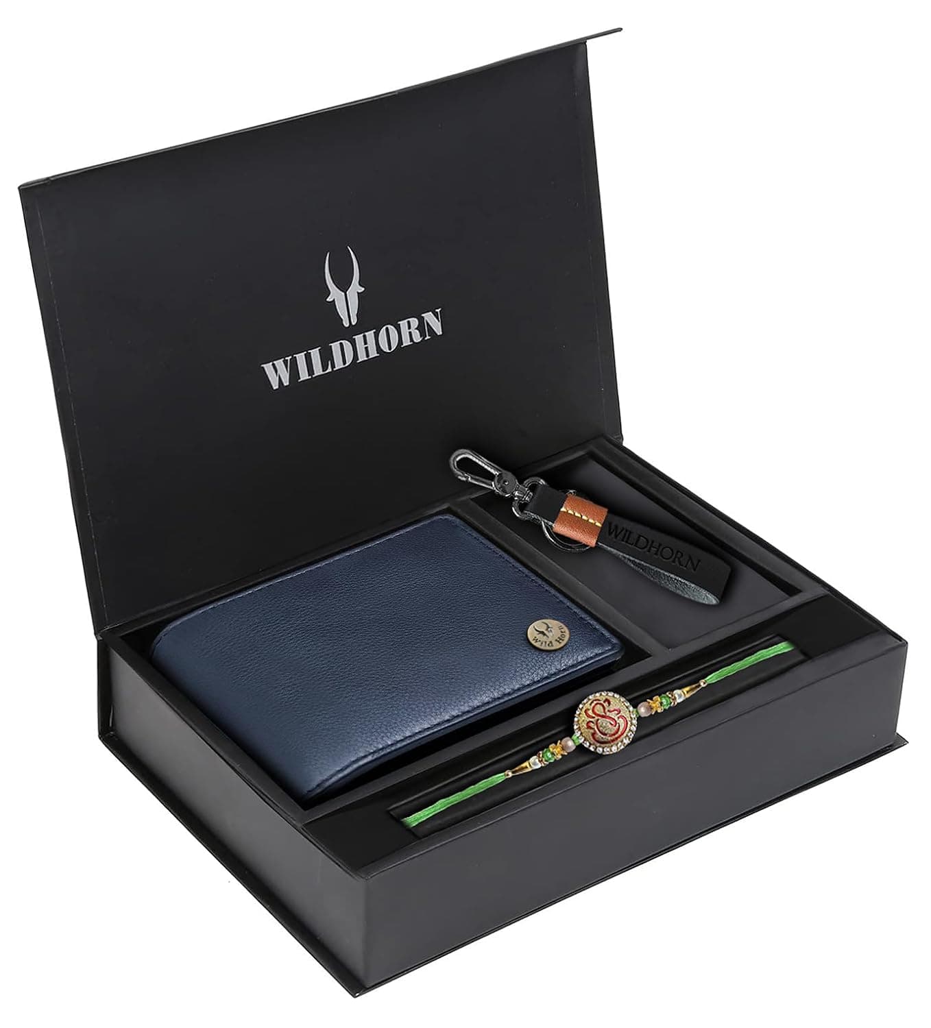 WildHorn Rakhi gift hamper box with wallet keyring and rakhi