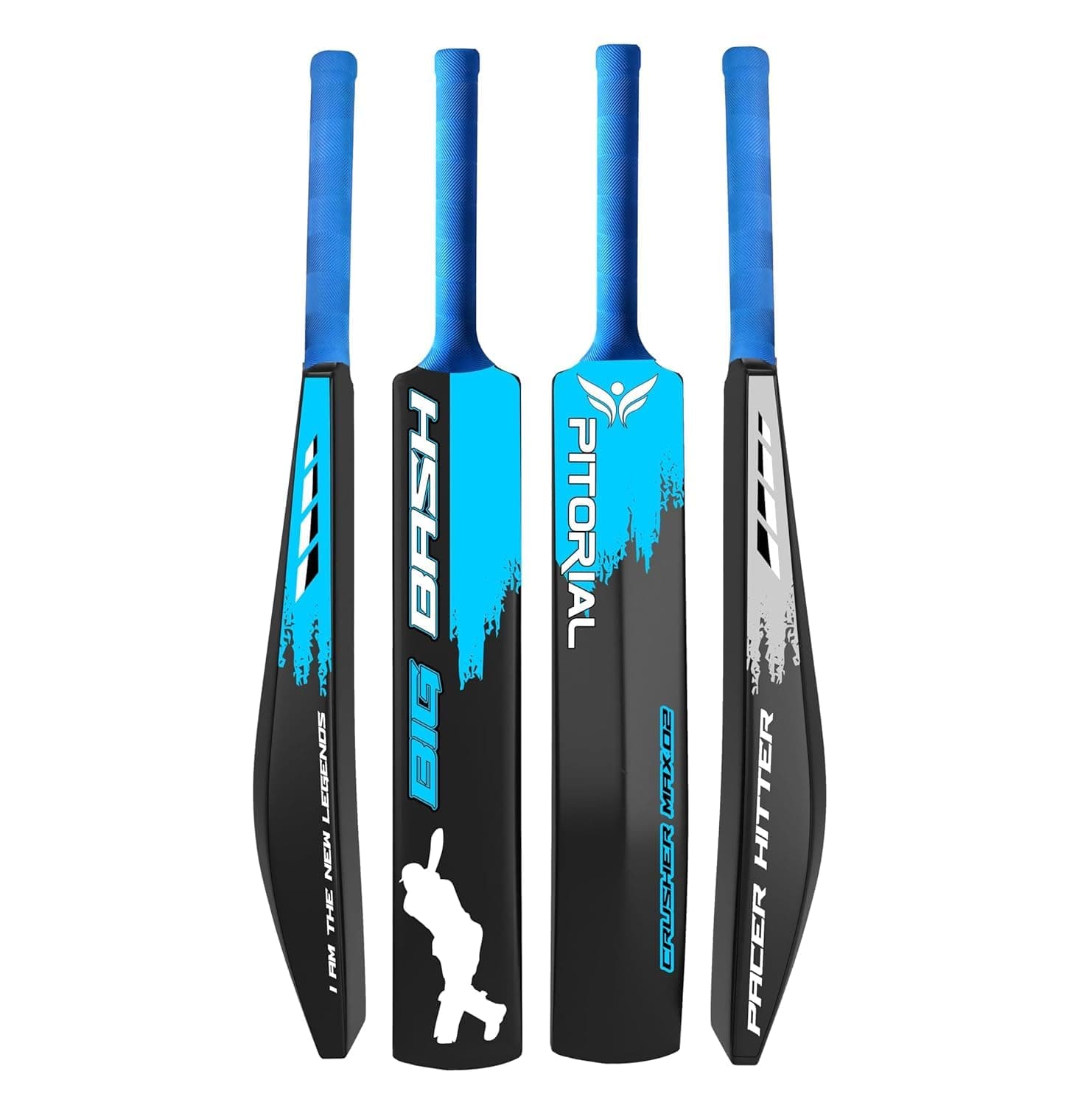 Hard plastic cricket bat blue black front view