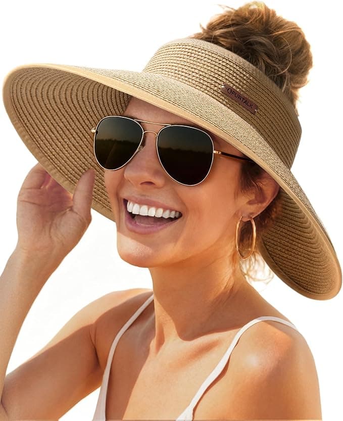 FURTALK Women Roll-Up Wide Brim Straw Sun Hat Natural Beige front view