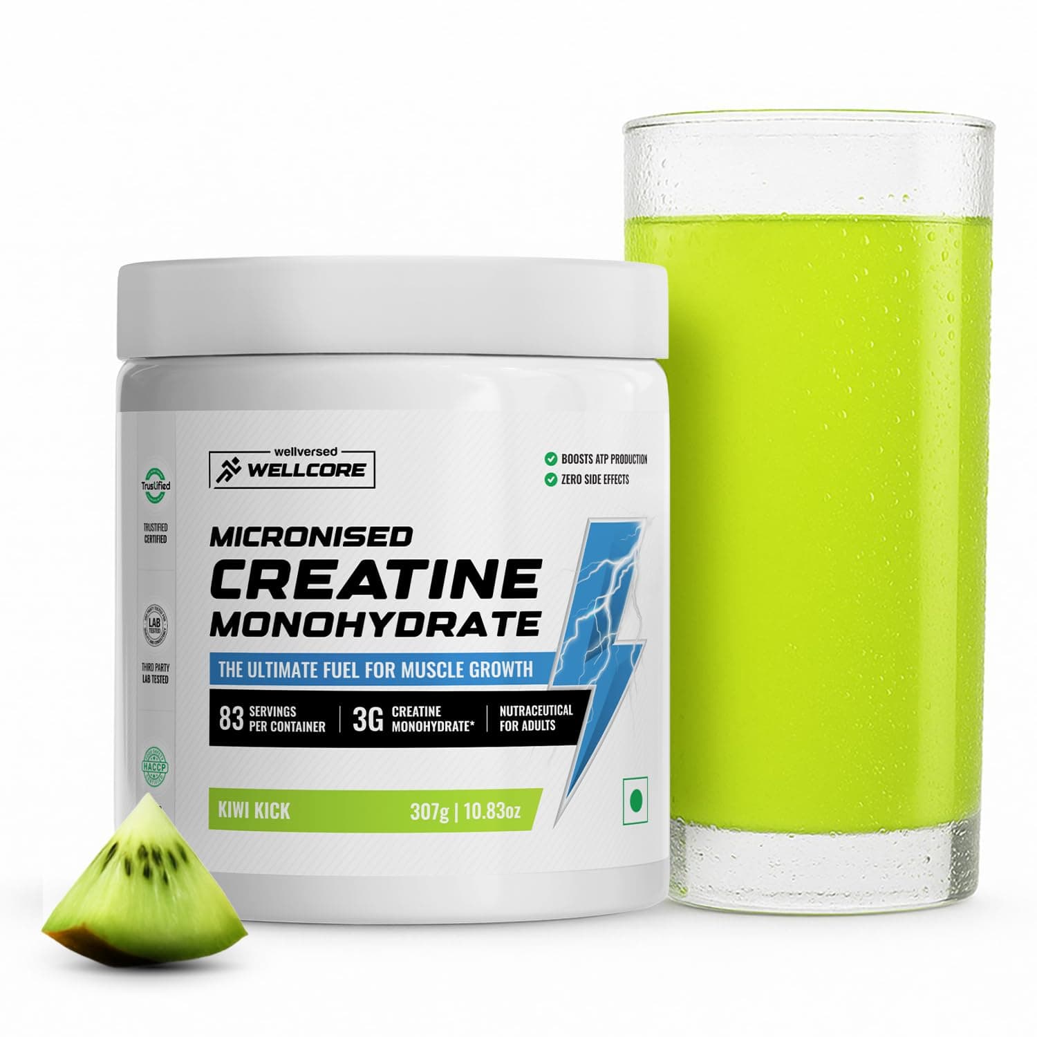 Wellcore Creatine Powder Kiwi Kick flavour 307g tub front