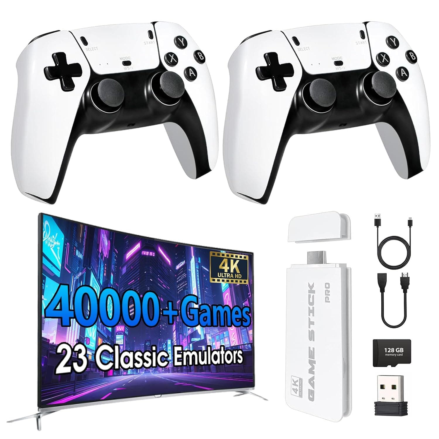 Retro Game Stick 4K with two wireless controllers and 128GB card