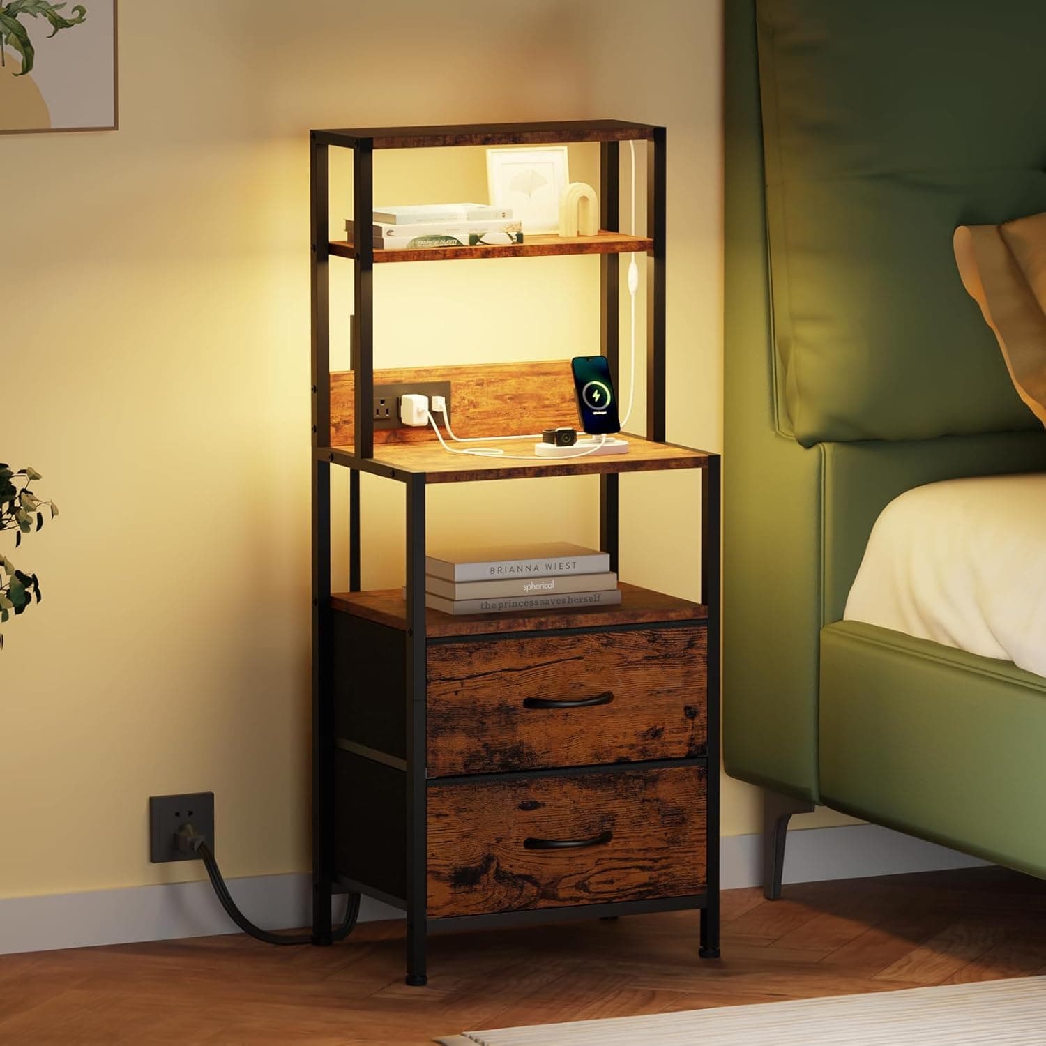 Furnulem Tall Nightstand with Bookshelf Black Oak front view