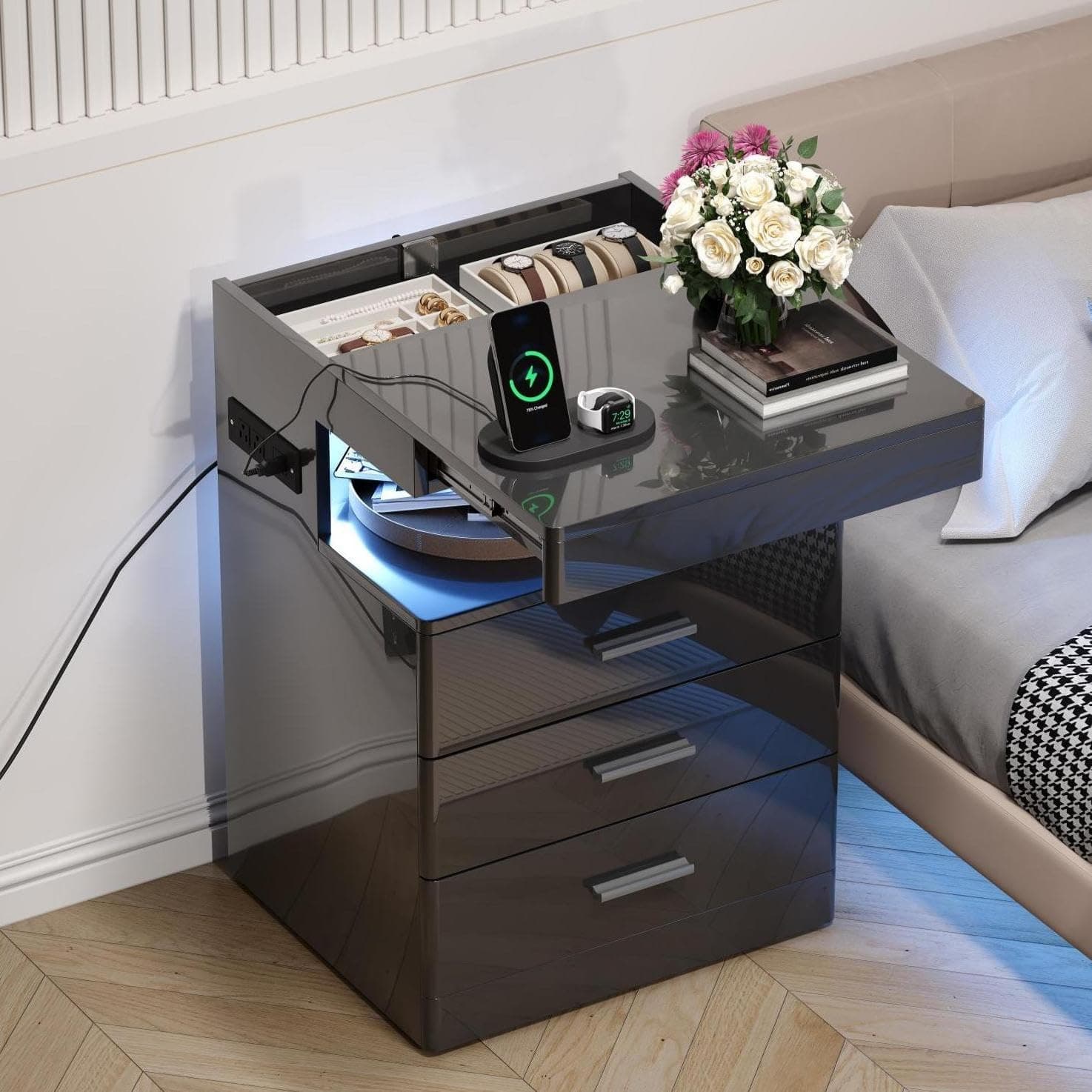Vabches Compact End Table with Charging Station Greige front view