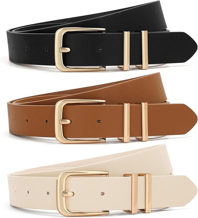 XZQTIVE Women Skinny Leather Belt 2-pack Black and Brown front view