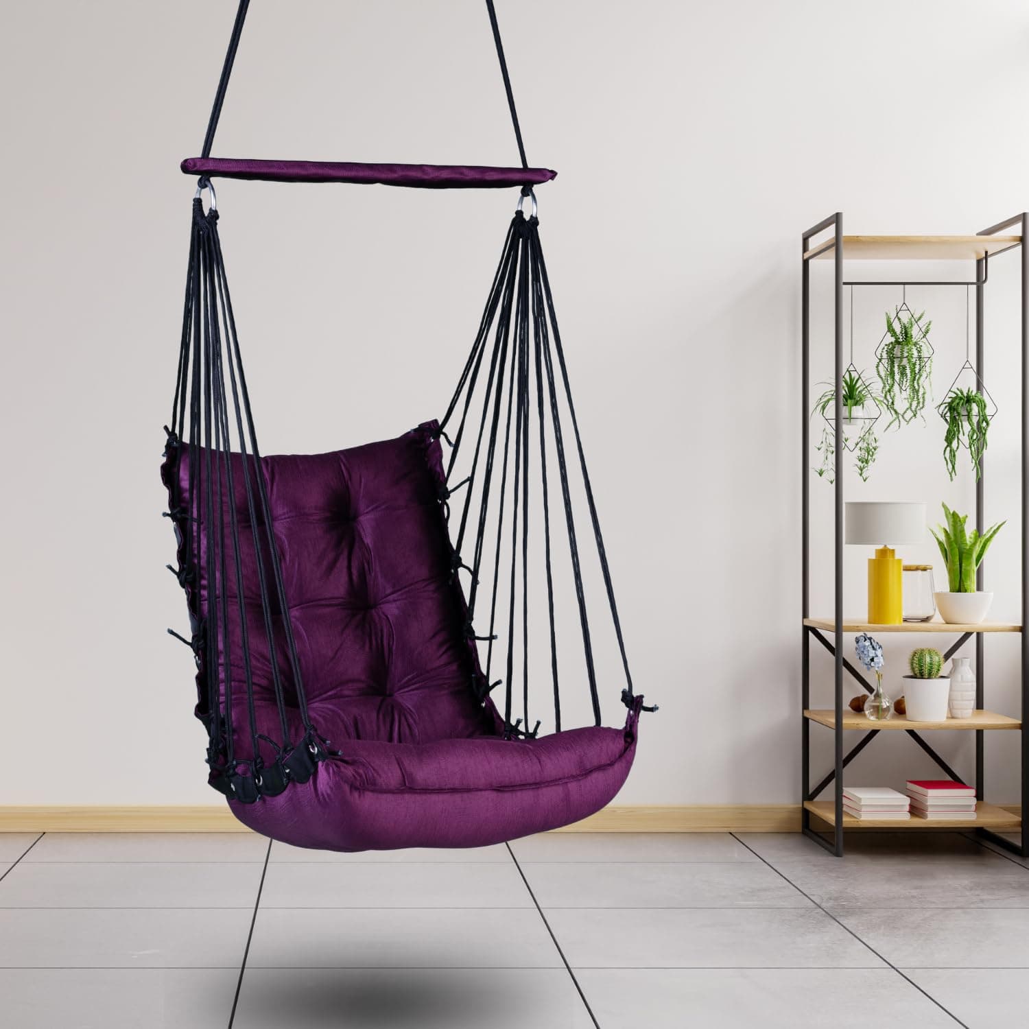 Curio Centre purple cotton hanging swing chair front view