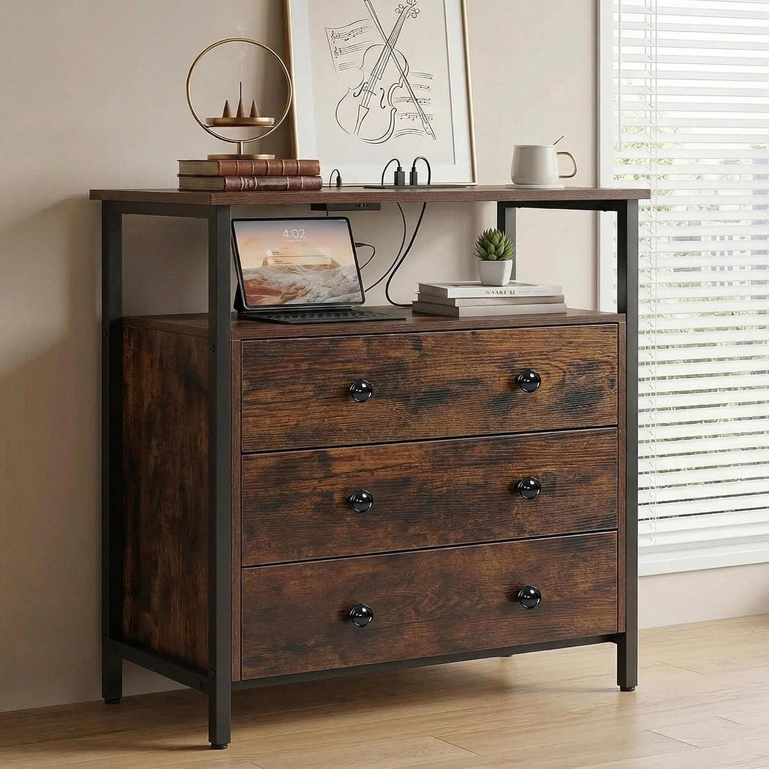 Edbuosy 3-Drawer Nightstand with Charging Station Rustic Oak front view
