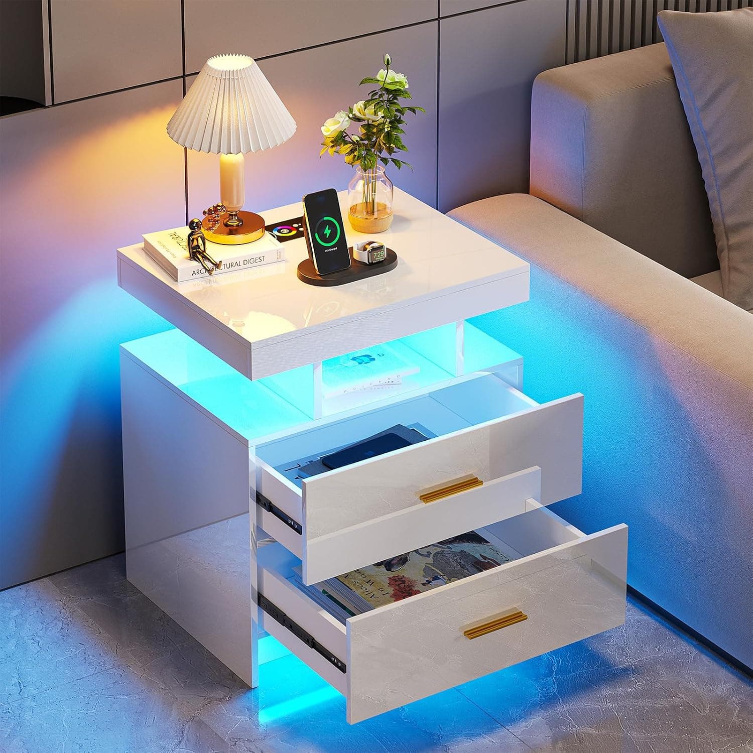 HNEBC Smart LED Nightstand High Gloss White front view