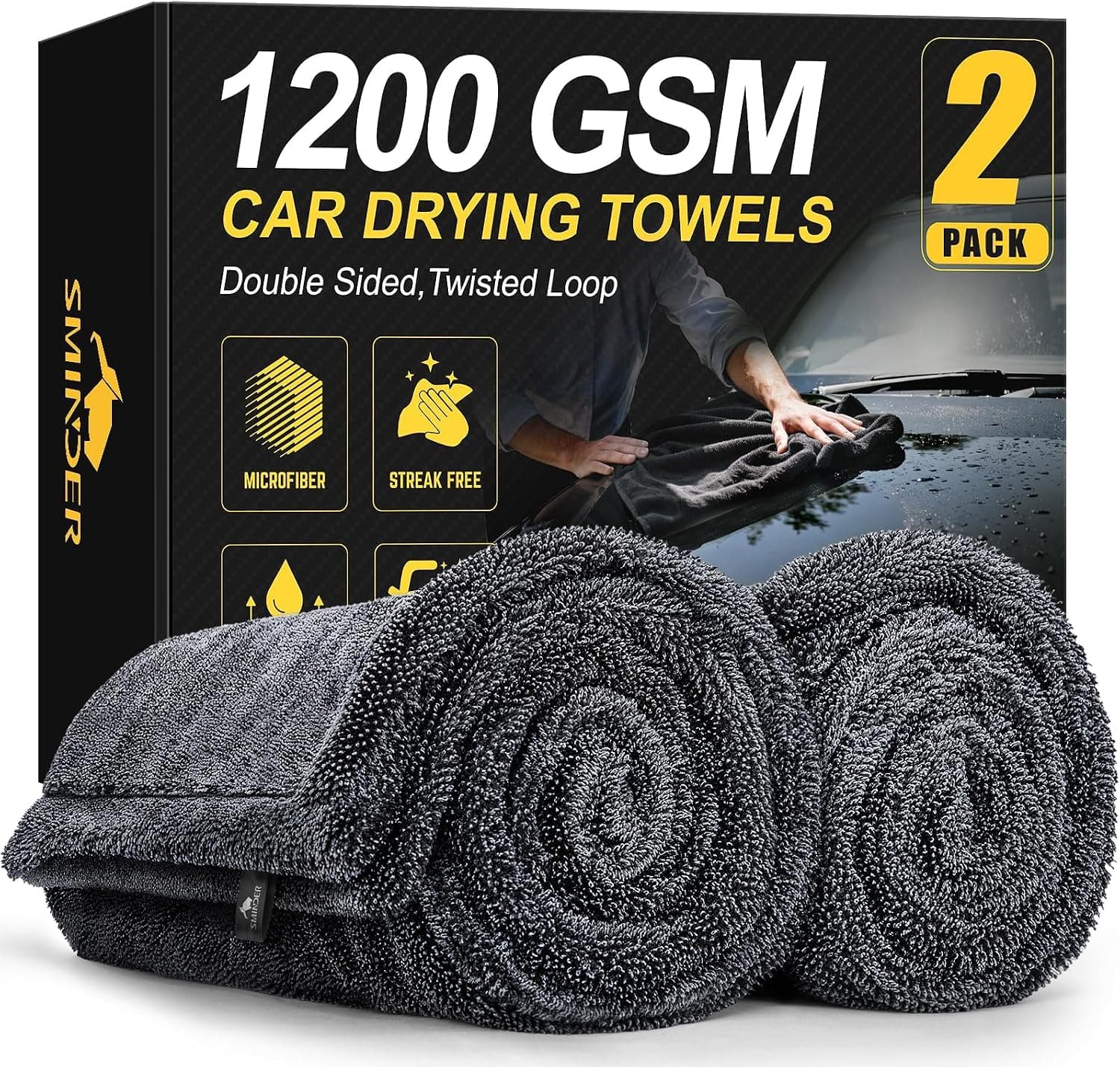 SMINDER 2-Pack 1200GSM Microfiber Car Drying Towels in Grey and Orange