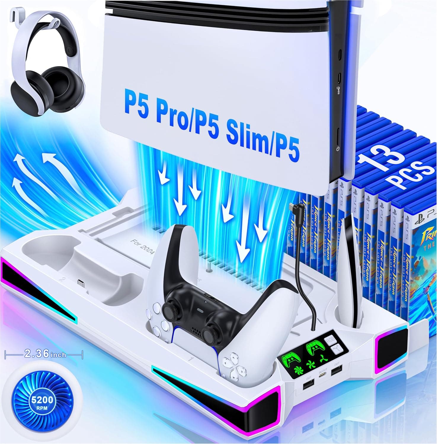 LIFUFUTEE PS5 Stand with cooling fan and controller charger