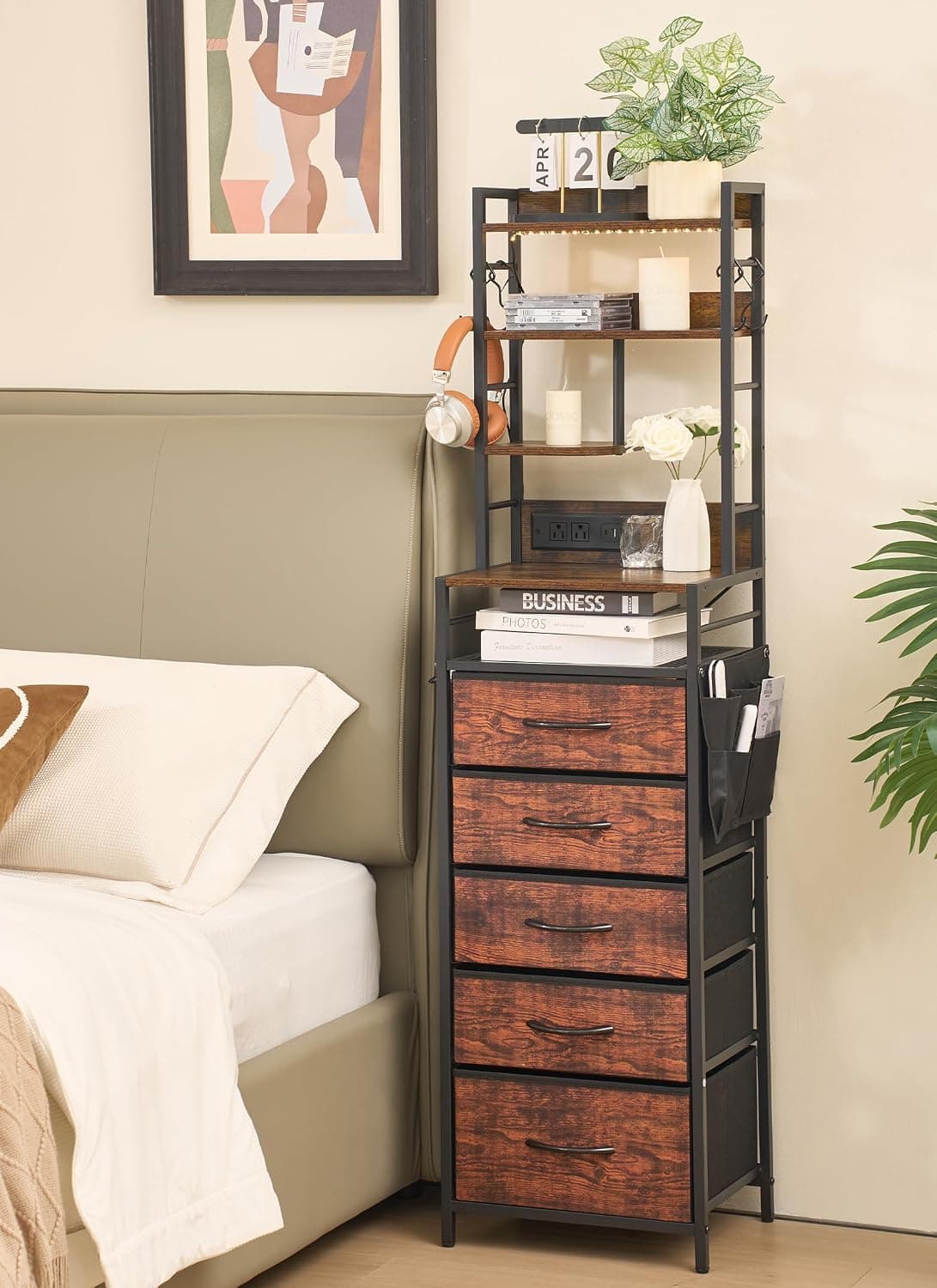 Baoz Smart Nightstand with RGB LED Lights Rustic Walnut front view