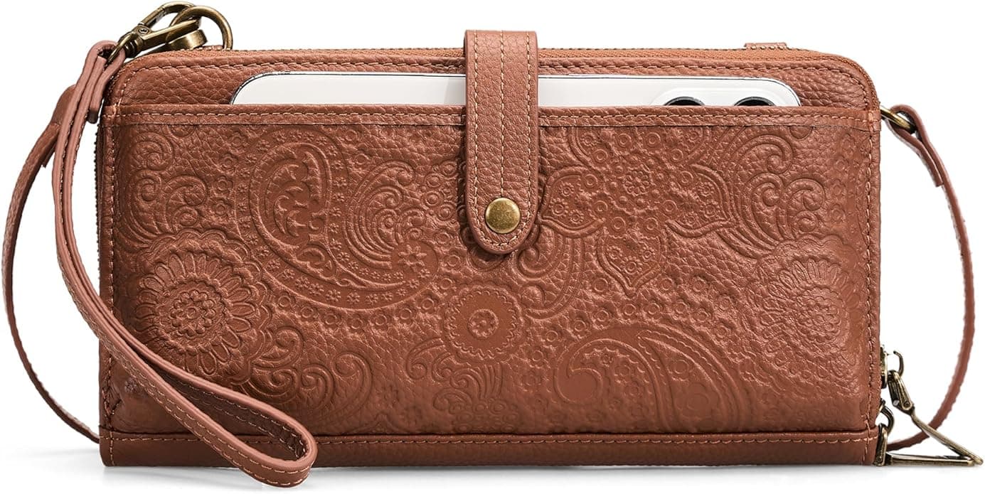 befen Designer Genuine Leather Wristlet Crossbody Camel Brown front view